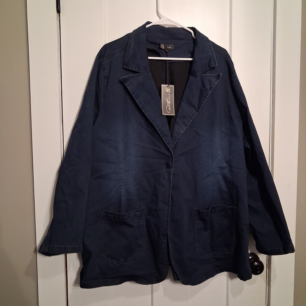 DG2 Diane Gilman Blazer Women 2X Blue Stretch Denim Notched Lapel Casual Chic